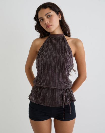 Brienne Top in Brown Shimmer Sheer Plisse