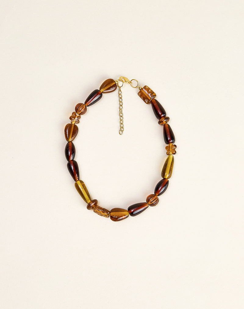 Brown and Yellow Glass Beaded Gold Plated Necklace