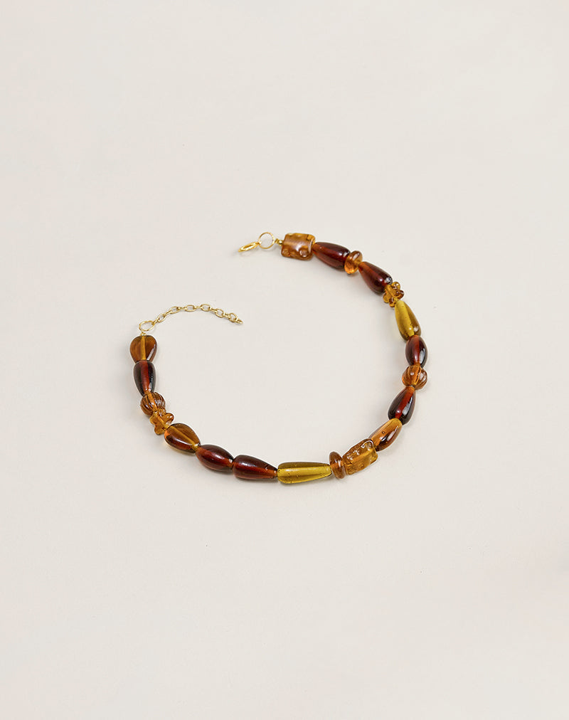 Brown and Yellow Glass Beaded Gold Plated Necklace