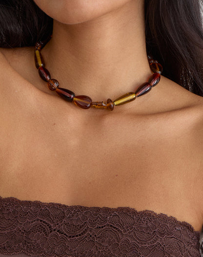 Brown and Yellow Glass Beaded Gold Plated Necklace