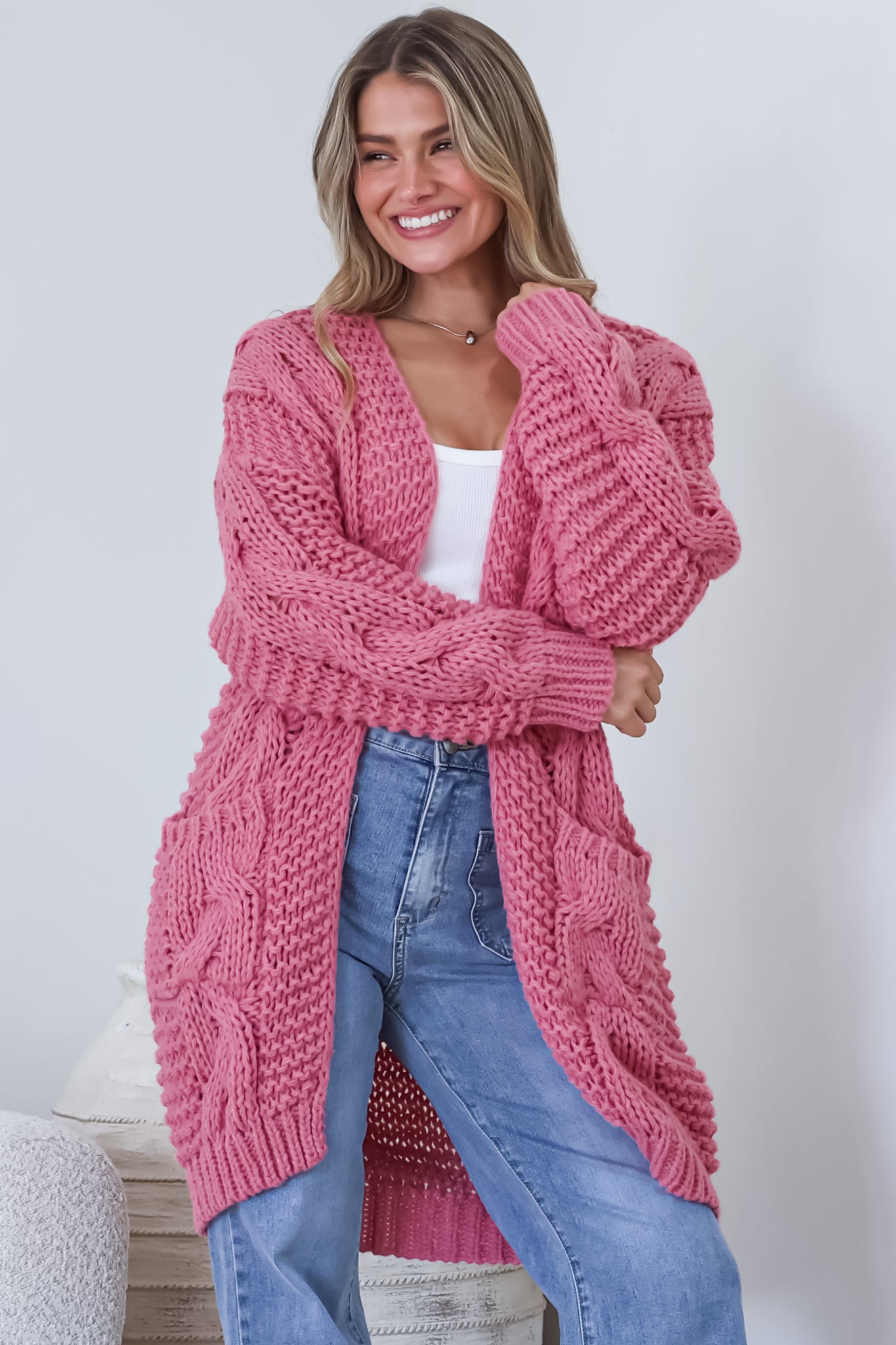 Beckett Cardigan - Open Front Chunky Cable Knit with Pockets in Pink