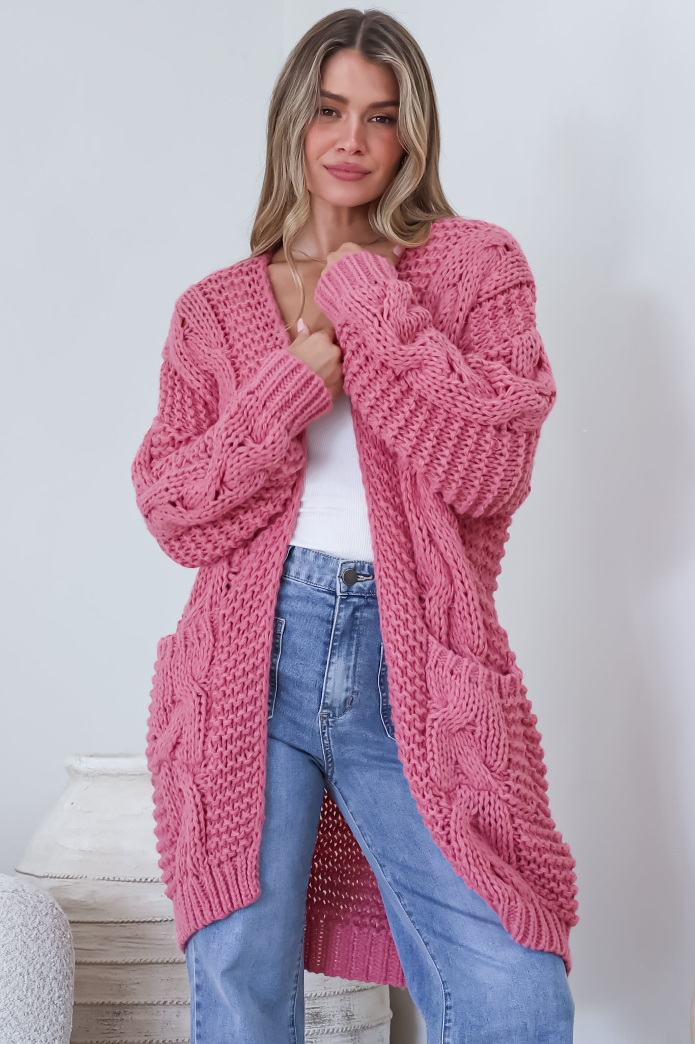 Beckett Cardigan - Open Front Chunky Cable Knit with Pockets in Pink