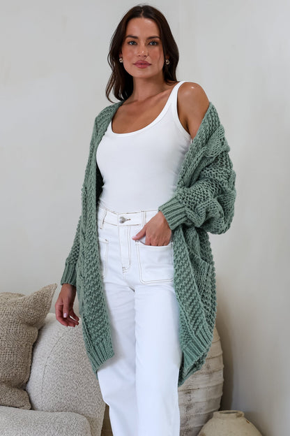 Beckett Cardigan - Open Front Chunky Cable Knit with Pockets in Sage