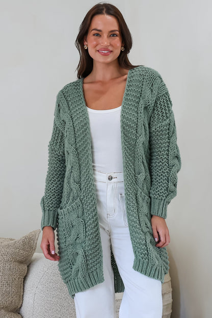 Beckett Cardigan - Open Front Chunky Cable Knit with Pockets in Sage