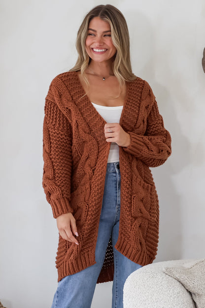 Beckett Cardigan - Open Front Chunky Cable Knit with Pockets in Terracotta