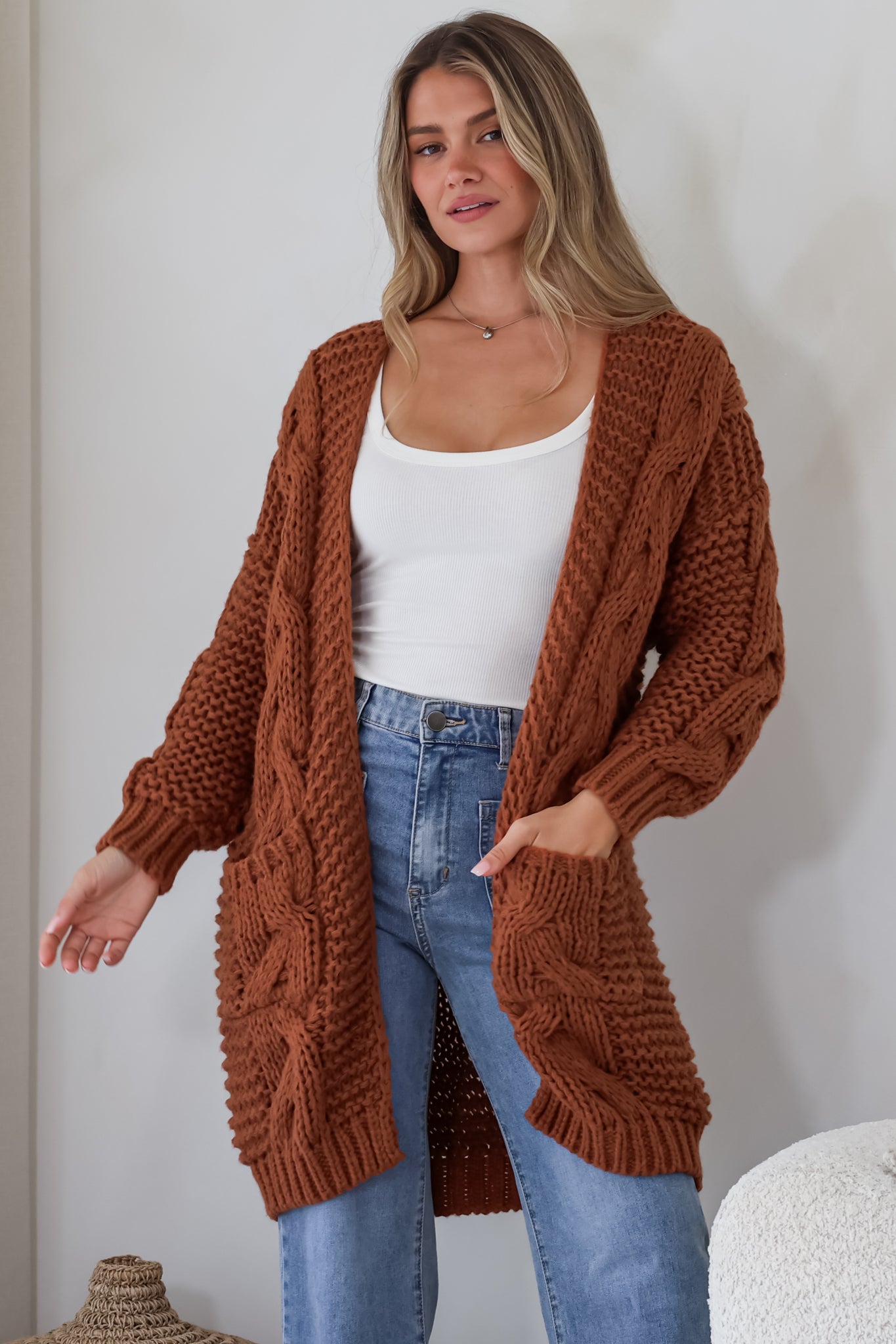 Beckett Cardigan - Open Front Chunky Cable Knit with Pockets in Terracotta