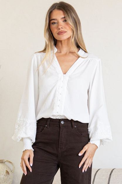 Beldon Blouse -High Mandarin Collar Button Down with Lace Motif Balloon Sleeves and Thick Shirred Cuffs in White