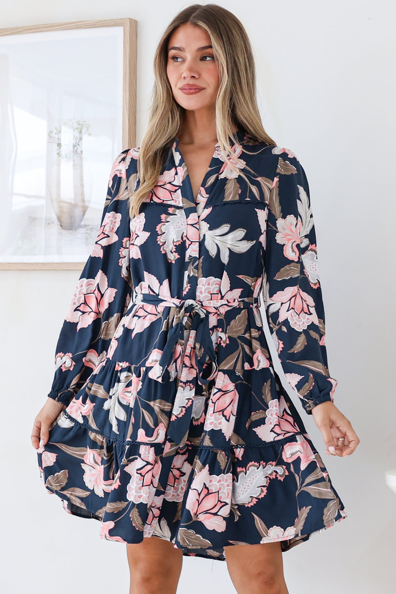 Bonham Mini Dress - Mandarin Collar Button Down Tiered Dress with Lace Trims in Brighton Print