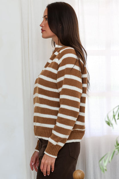 Boscoe Jumper - Split Collar V-Neck Striped Long Sleeve Knit in Caramel
