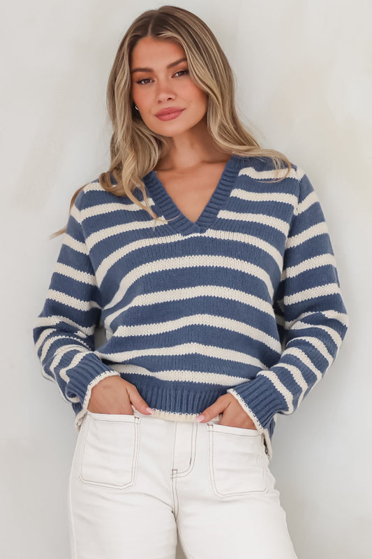 Boscoe Jumper - Split Collar V-Neck Striped Long Sleeve Knit in Navy Blue
