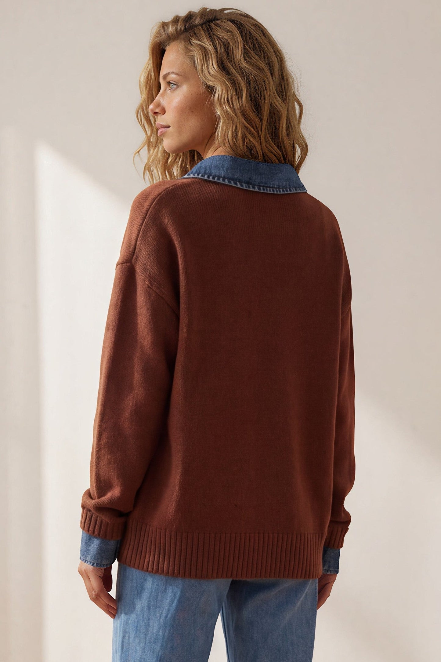Maddie Jumper - Denim Wing Collar and Cuff Knit Pullover in Chocolate