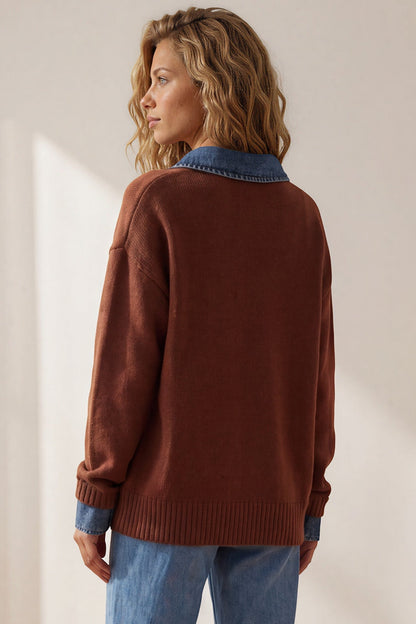 Maddie Jumper - Denim Wing Collar and Cuff Knit Pullover in Chocolate