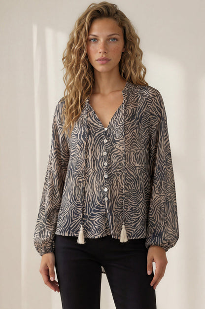 Sergio Blouse - Mandarin Collar Button Down Blouse with Balloon Sleeves in Zebresse Print