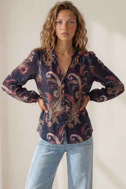 Azalia Blouse - Mandarin Collar Button Down with Balloon Sleeves in Chateau Print