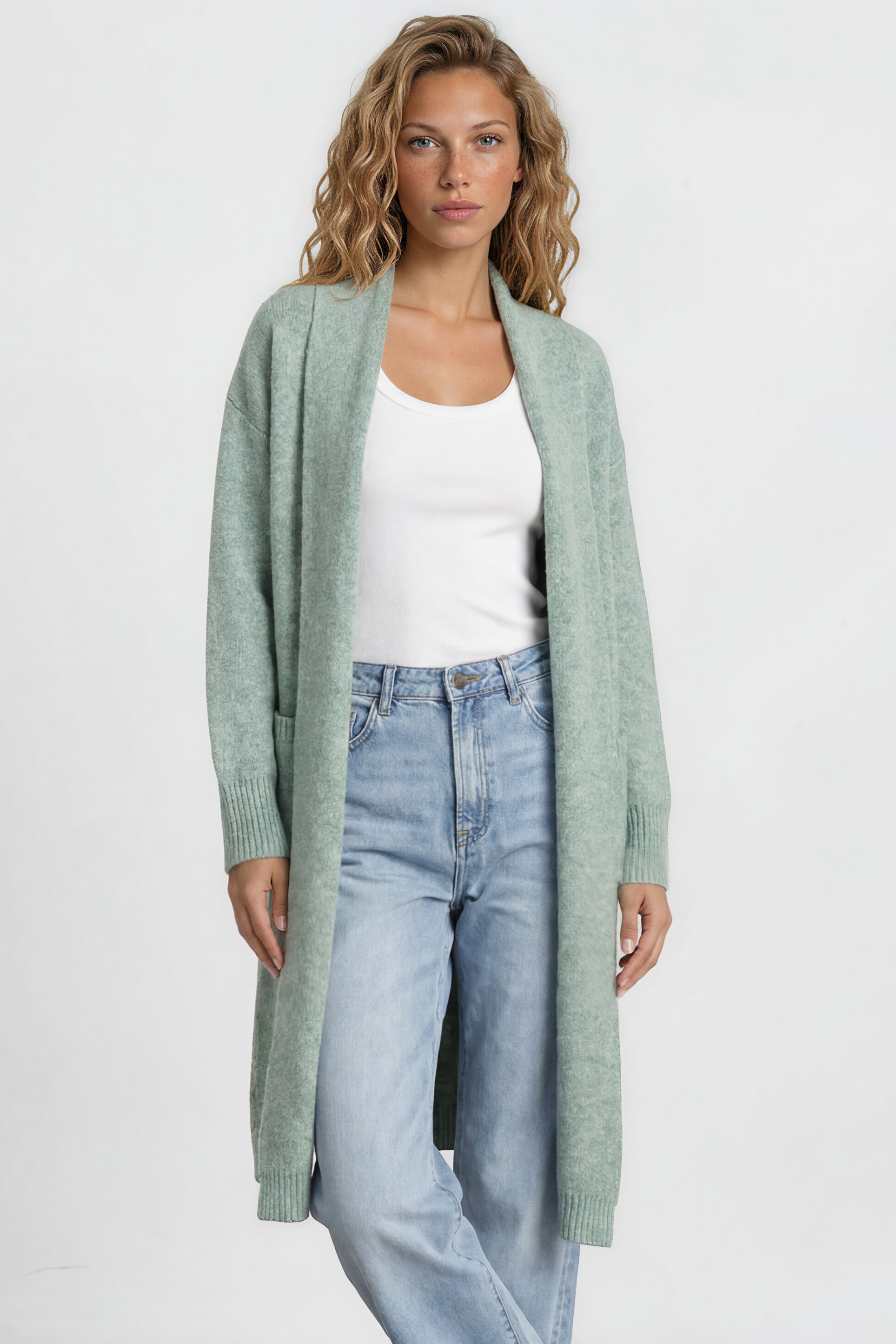 Crimson Cardigan - Ribbed Longline Knit with Long Sleeves Green
