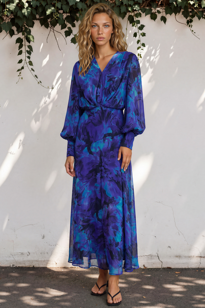 Azura Maxi Dress - V-Neckline Dress with Long Shirred Sleeves in Bluebell Print