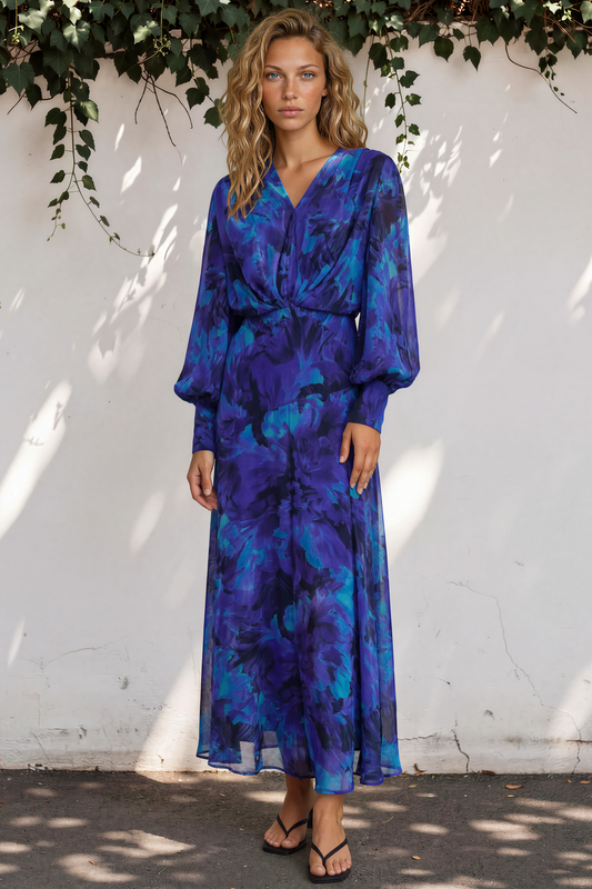 Azura Maxi Dress - V-Neckline Dress with Long Shirred Sleeves in Bluebell Print