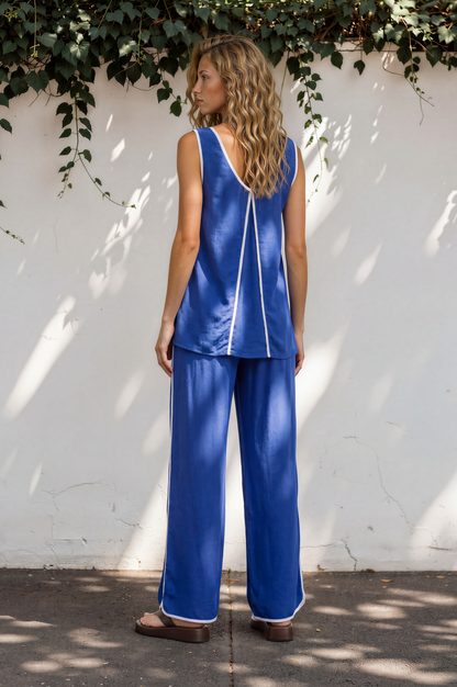 Danica Set - Contrast Piping Detailed Pants and Sleeveless Top in Cobalt