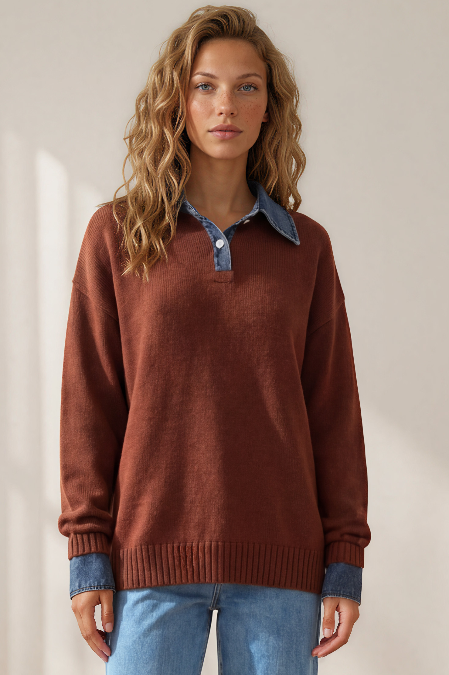 Maddie Jumper - Denim Wing Collar and Cuff Knit Pullover in Chocolate