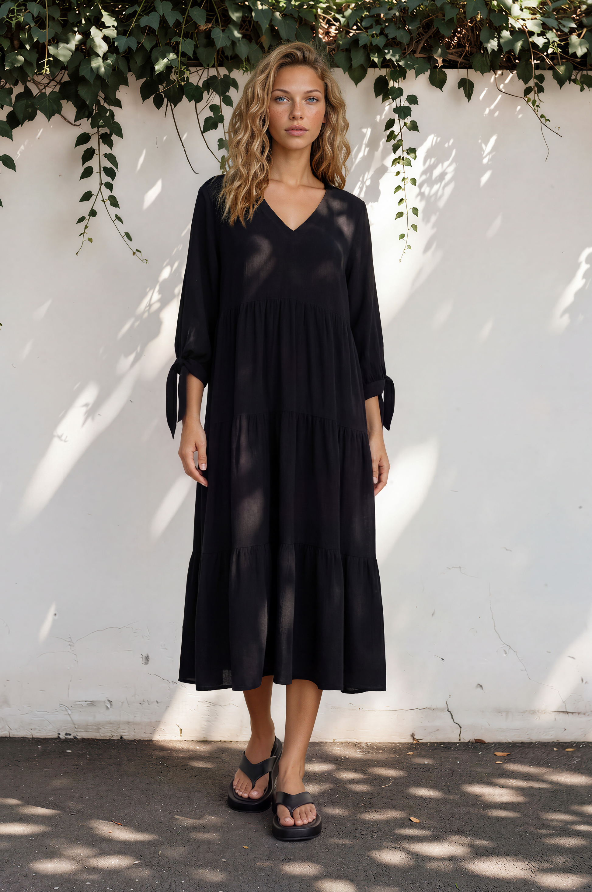 Elisabette Midi Dress - V-Neck Tiered Linen Dress with 3/4 Tie Cuff Sleeves in Black