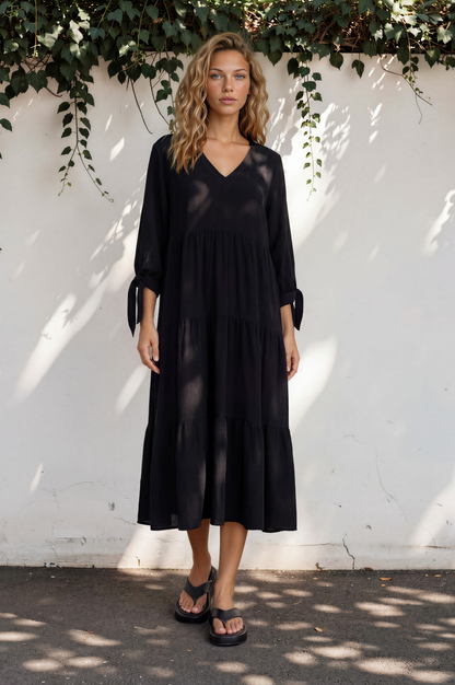 Elisabette Midi Dress - V-Neck Tiered Linen Dress with 3/4 Tie Cuff Sleeves in Black