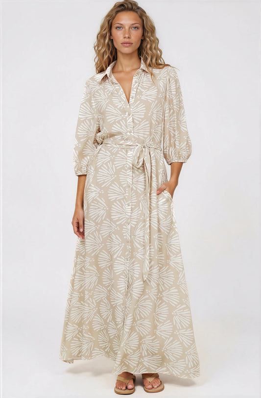 Brea Maxi Dress - Collared Shirt Dress with Belt in Catia Print Beige