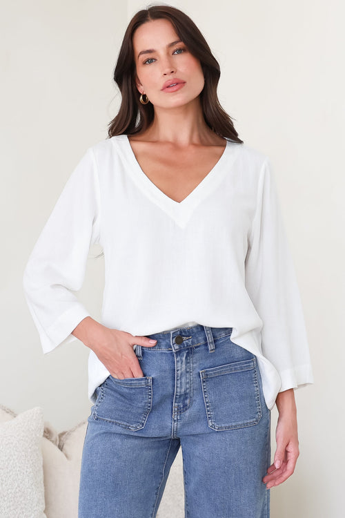 Breezer Top - Long Sleeve V Neck Pull Over Top with High Low Hemline in White