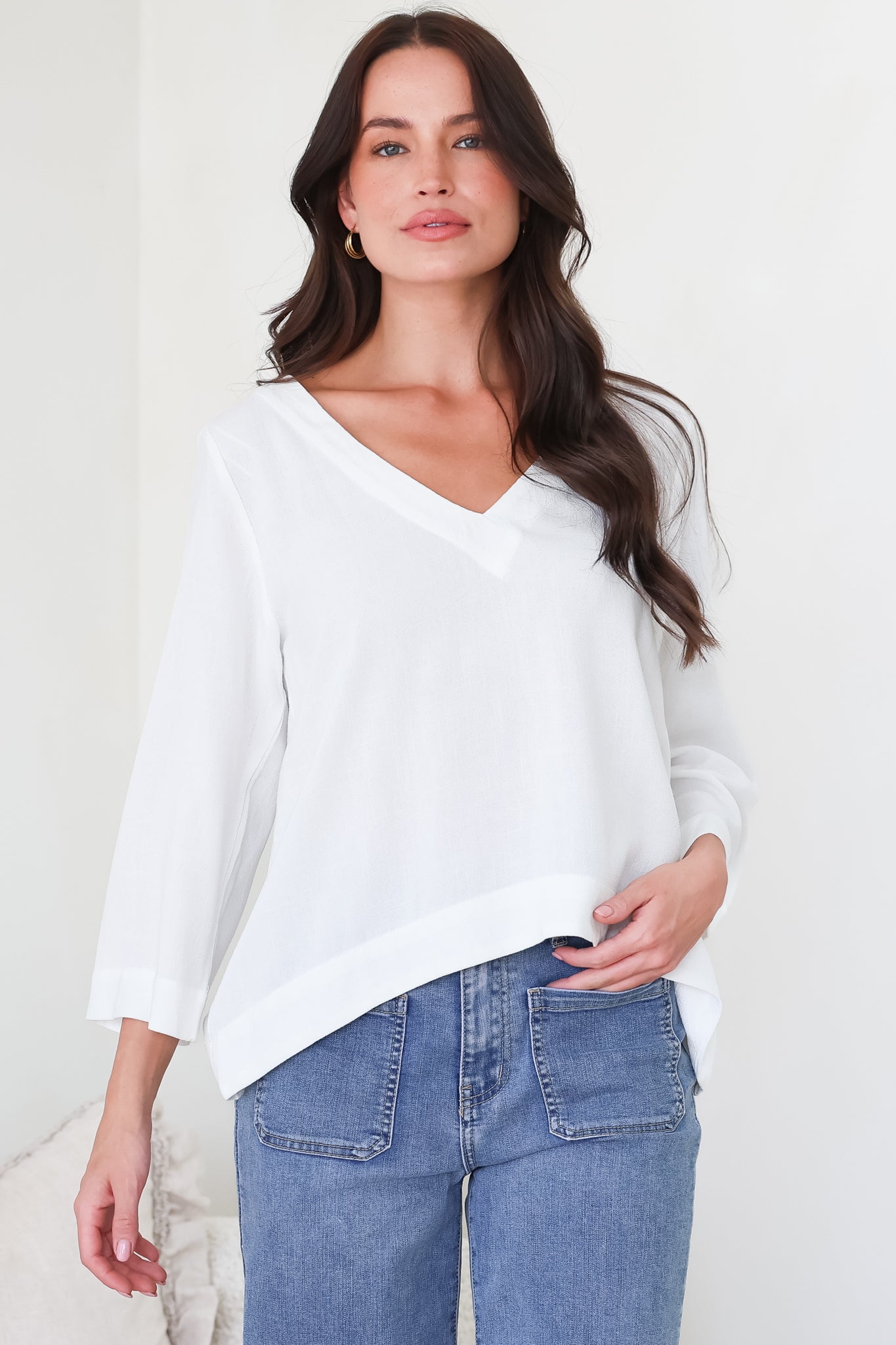 Breezer Top - Long Sleeve V Neck Pull Over Top with High Low Hemline in White