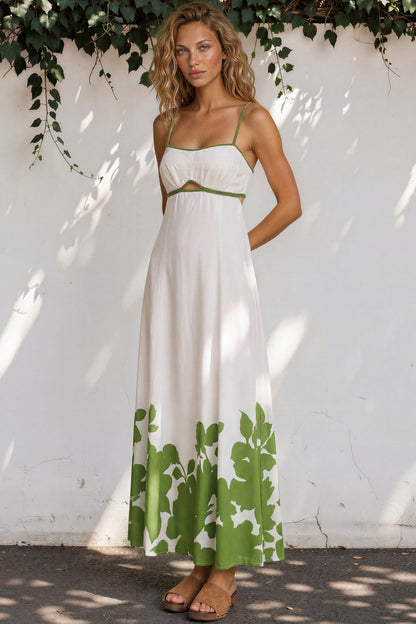 Bria Maxi Dress - Spaghetti Strap A-Line Cut Out Detail Dress in Clover Print