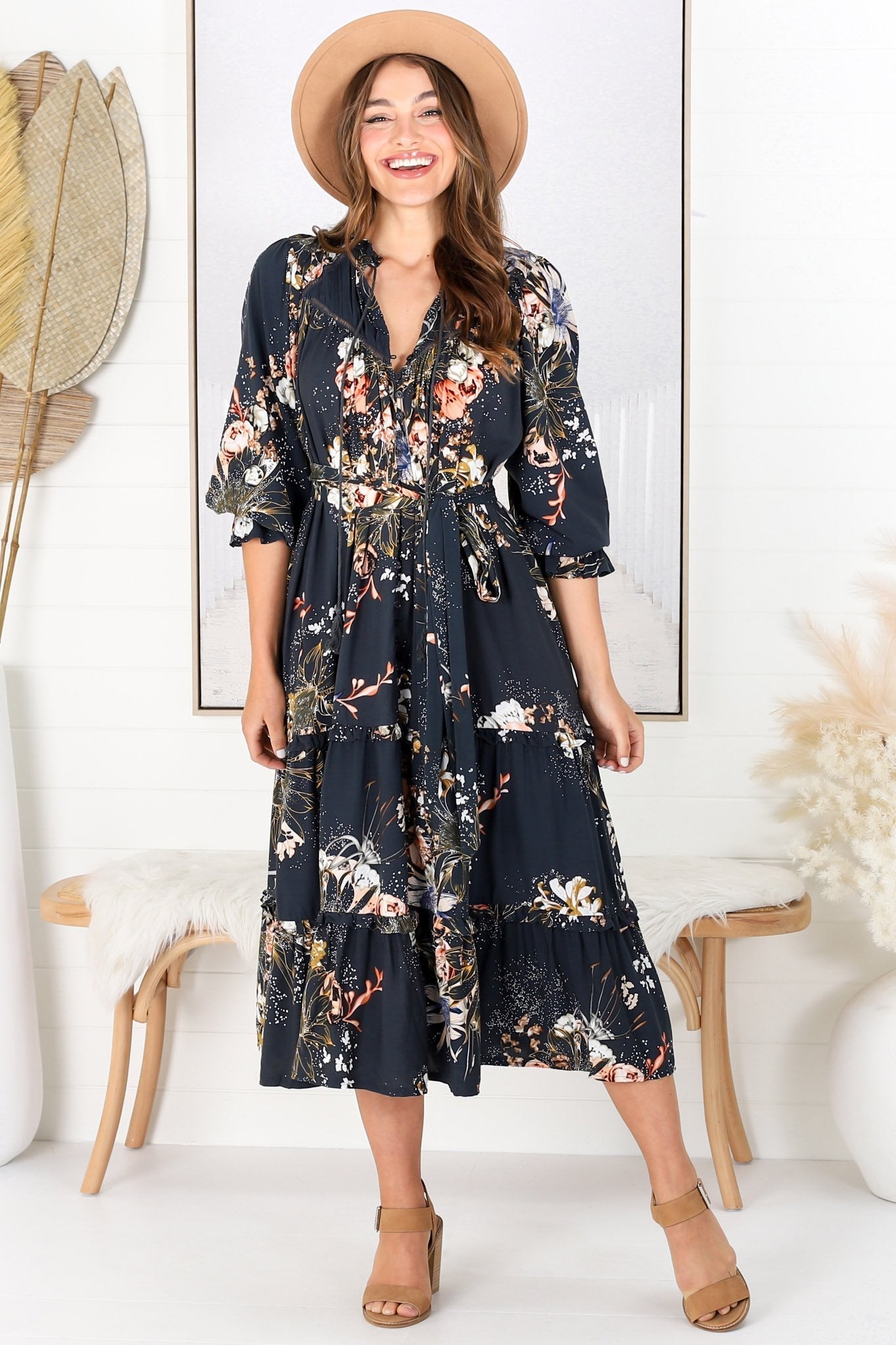 JAASE - Briana Midi Dress: Frill Collar Oversized Buttoned Dress with Waist Tie and Frill Splicing in Indigo Print