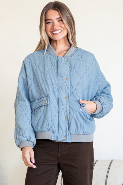Brixton Jacket -  Round Neck Quilted Bomber Jacket with Zipper & Snap Button Closure in Light Denim