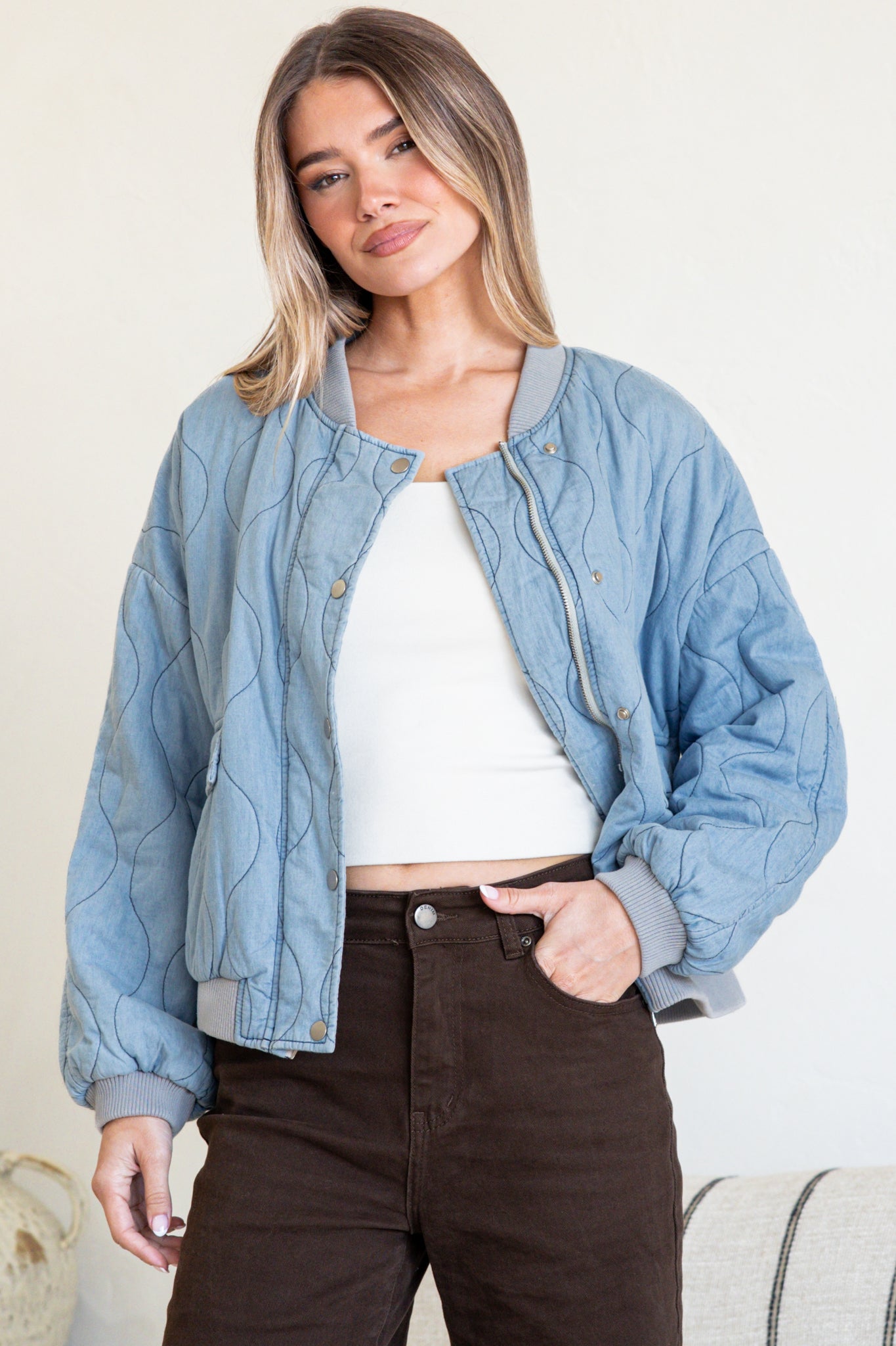Brixton Jacket -  Round Neck Quilted Bomber Jacket with Zipper & Snap Button Closure in Light Denim