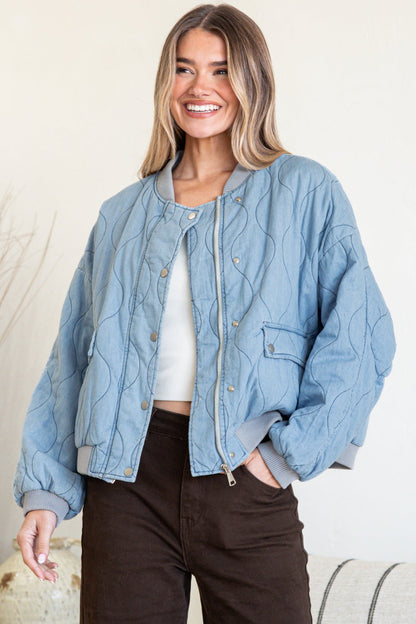 Brixton Jacket -  Round Neck Quilted Bomber Jacket with Zipper & Snap Button Closure in Light Denim