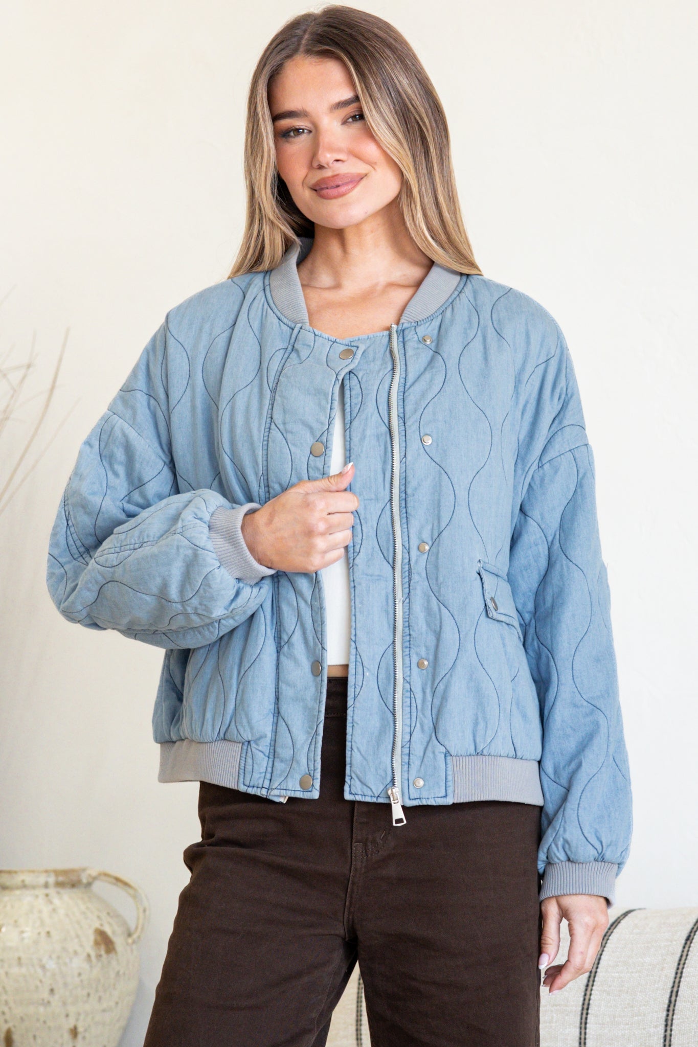 Brixton Jacket -  Round Neck Quilted Bomber Jacket with Zipper & Snap Button Closure in Light Denim