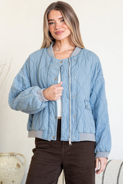 Brixton Jacket -  Round Neck Quilted Bomber Jacket with Zipper & Snap Button Closure in Light Denim