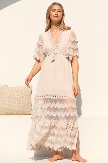JAASE - Bungalow Maxi Dress: Embroidered Lace Deep V Neck Dress with Open Batwing Sleeves in Sand