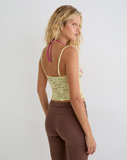 Calya Cami Top in Double Layer Sequin Lace Lime and Pink