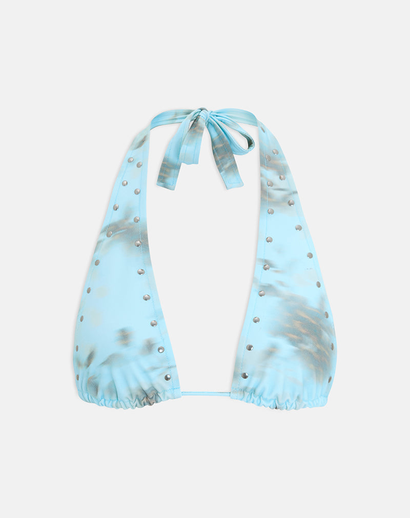 Cerry Bikini Top in Blurry Leafy Leopard Blue with Studs