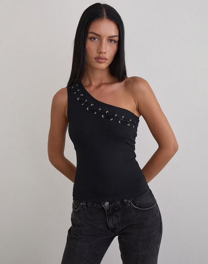 Chivago Cross Lace Up One Shoulder Top in Jersey Black