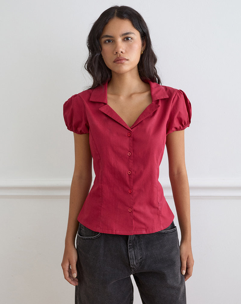 Cloma Fitted Blouse with Puff Sleeves in Adrenaline Red