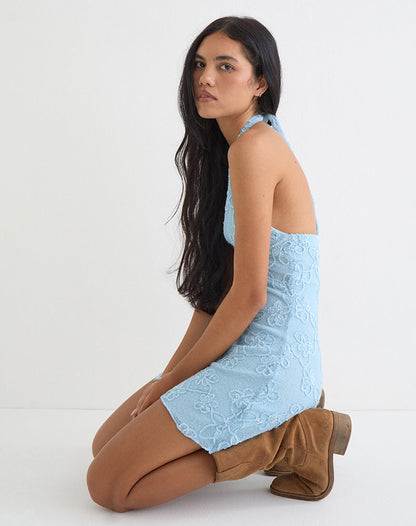 Codami Halterneck Mini Dress in Sequin Knit Pastel Blue