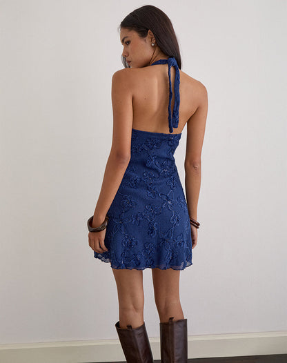Codami Halterneck Mini Dress in Sequin Knit Navy
