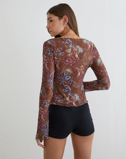 Concetta Long Sleeve Top in Feathery Paisley Brown