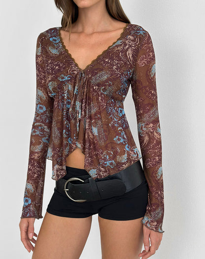 Concetta Long Sleeve Top in Feathery Paisley Brown