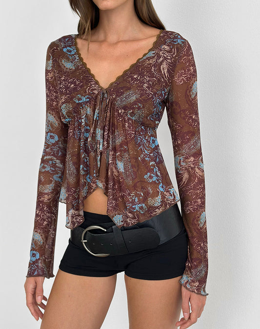 Concetta Long Sleeve Top in Feathery Paisley Brown