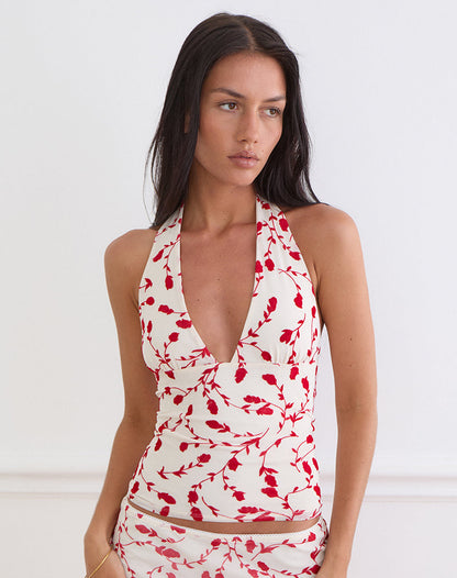 Corsita Top in Cream with Red Leafy Lily Flock