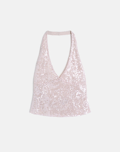 Cosio Halter Top in Sequin Baby Pink