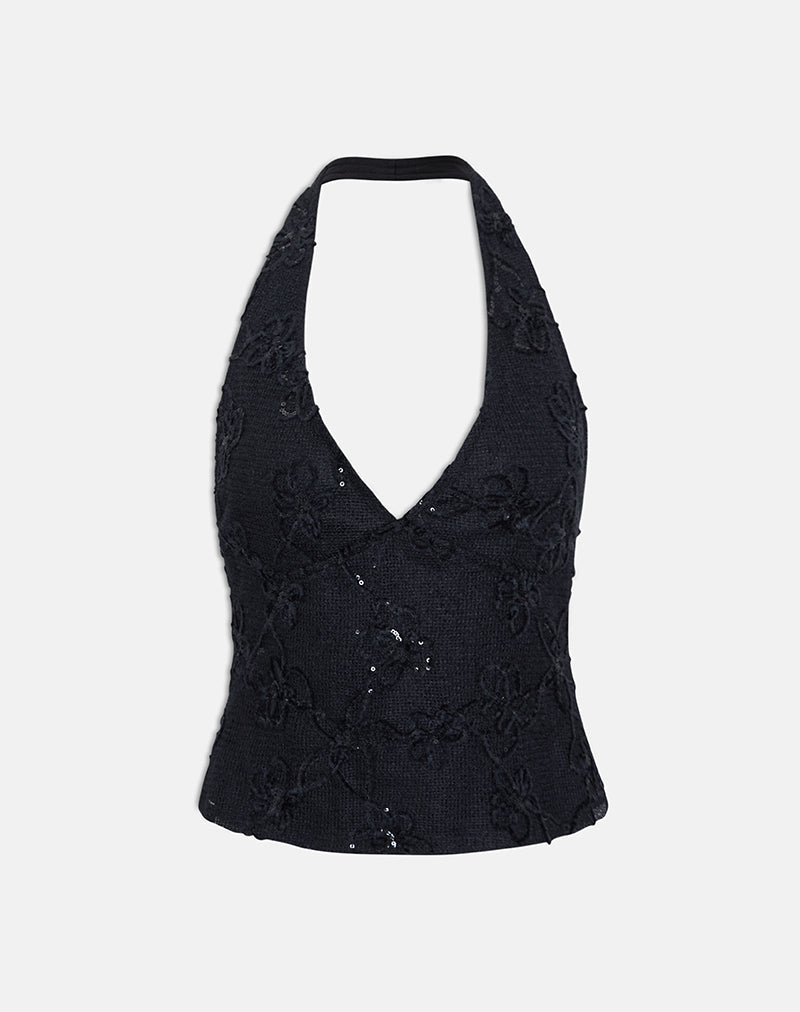 Cosio Halter Top in Sequin Knit Black