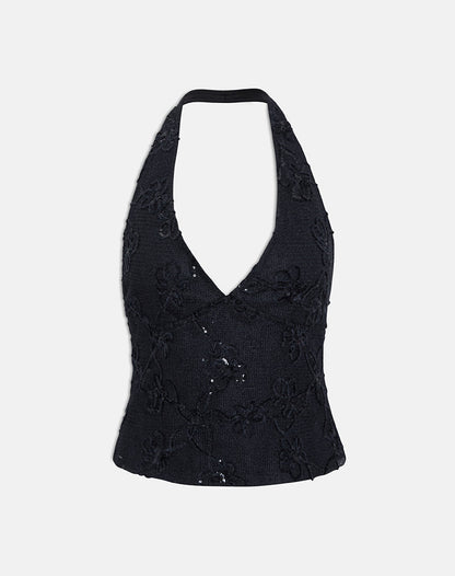 Cosio Halter Top in Sequin Knit Black