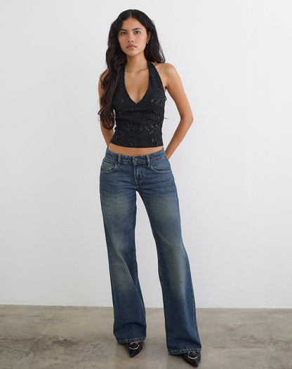 Cosio Halter Top in Sequin Knit Black